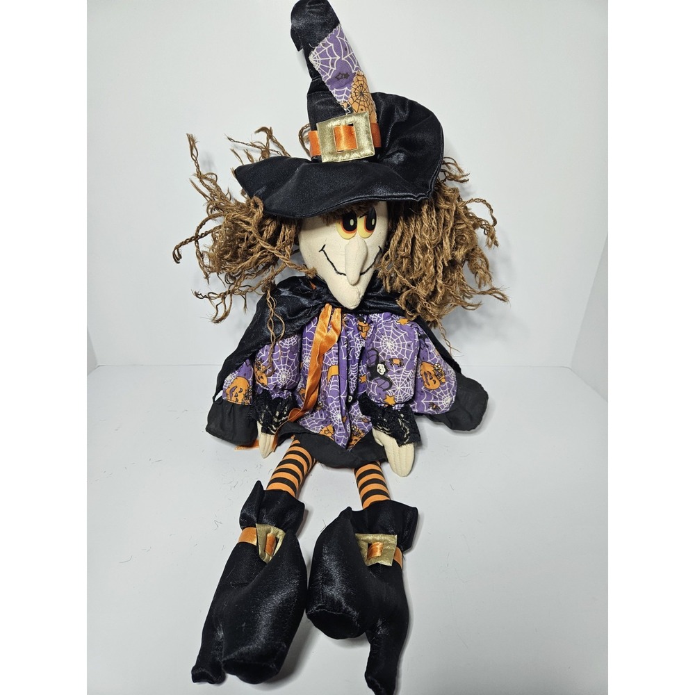 Halloween Witch Doll Shelf Sitter Spider Web Dress Curly Yarn Hair Vintage Plush